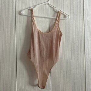 Forever21 Nude & Silver Sparkly High Hip Thong Bodysuit | Size Large